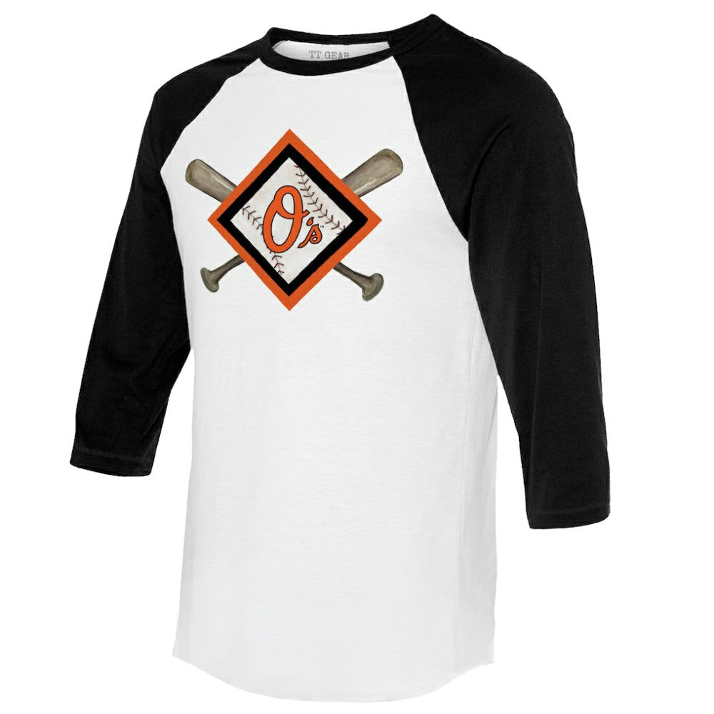 Baltimore Orioles Tiny Turnip Women's Diamond Cross Bats 3/4-Sleeve Raglan T-Shirt White/Black