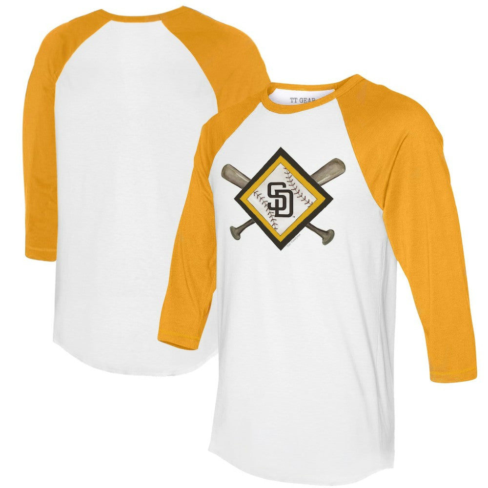 San Diego Padres Tiny Turnip Women's Diamond Cross Bats 3/4-Sleeve Raglan T-Shirt White/Gold