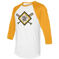 San Diego Padres Tiny Turnip Women's Diamond Cross Bats 3/4-Sleeve Raglan T-Shirt White/Gold