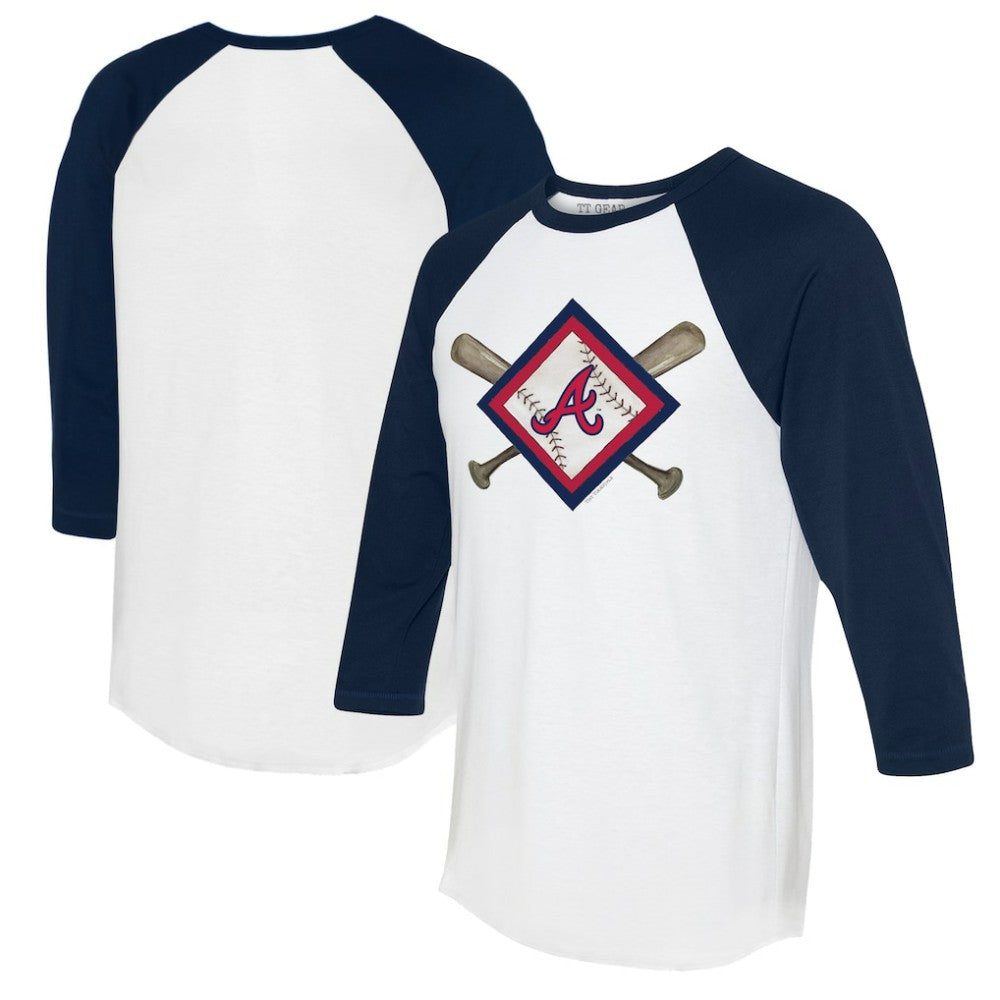 Atlanta Braves Tiny Turnip Women's Diamond Cross Bats 3/4-Sleeve Raglan T-Shirt White/Navy