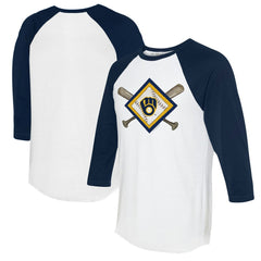Milwaukee Brewers Tiny Turnip Women's Diamond Cross Bats 3/4-Sleeve Raglan T-Shirt White/Navy