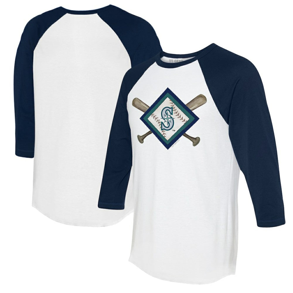 Seattle Mariners Tiny Turnip Women's Diamond Cross Bats 3/4-Sleeve Raglan T-Shirt White/Navy