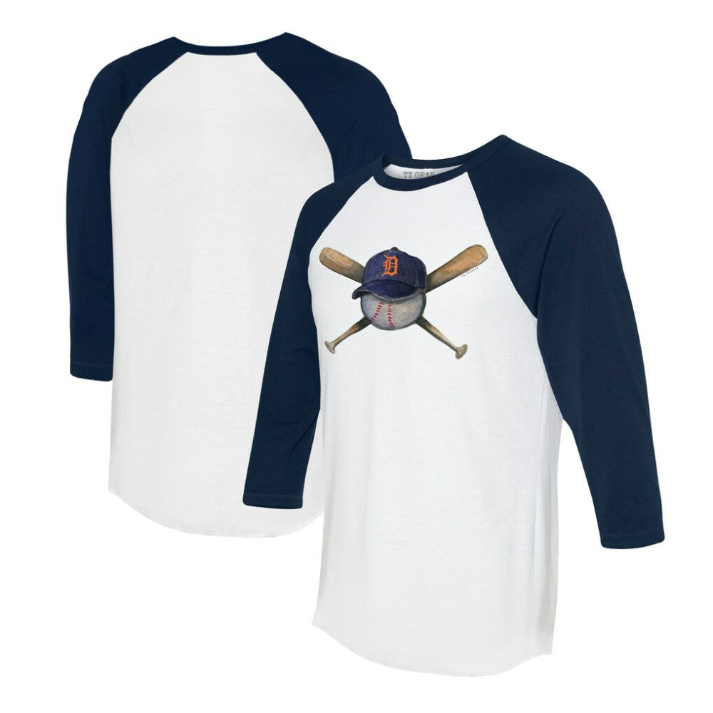 Detroit Tigers Tiny Turnip Women's Hat Crossbats 3/4-Sleeve Raglan T-Shirt White/Navy