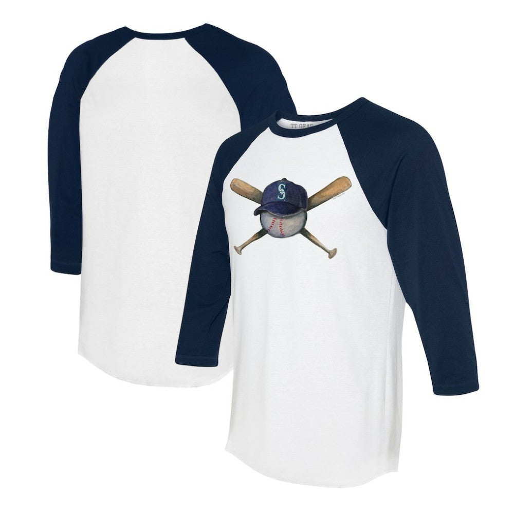 Seattle Mariners Tiny Turnip Women's Hat Crossbats 3/4-Sleeve Raglan T-Shirt White/Navy