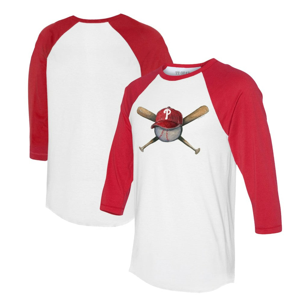 Philadelphia Phillies Tiny Turnip Women's Hat Crossbats 3/4-Sleeve Raglan T-Shirt White/Red