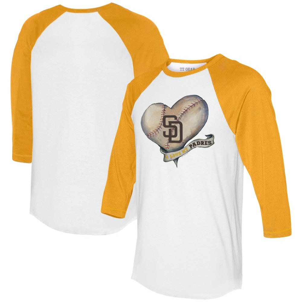 San Diego Padres Tiny Turnip Women's Heart Banner 3/4-Sleeve Raglan T-Shirt White/Gold