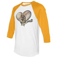 San Diego Padres Tiny Turnip Women's Heart Banner 3/4-Sleeve Raglan T-Shirt White/Gold