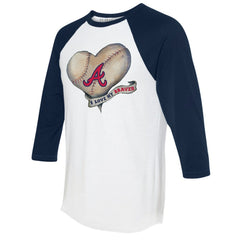 Atlanta Braves Tiny Turnip Women's Heart Banner 3/4-Sleeve Raglan T-Shirt White/Navy