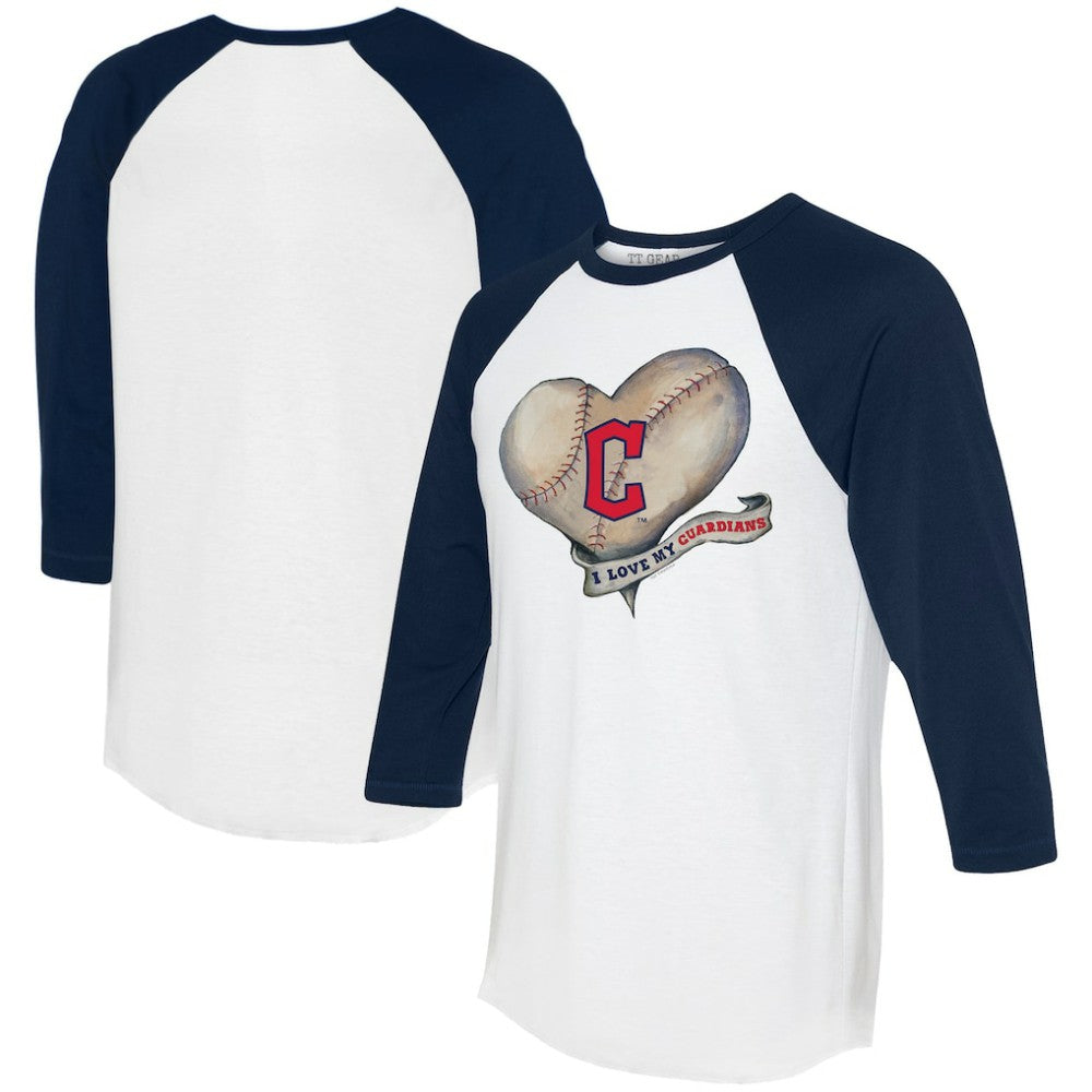 Cleveland Guardians Tiny Turnip Women's Heart Banner 3/4-Sleeve Raglan T-Shirt White/Navy