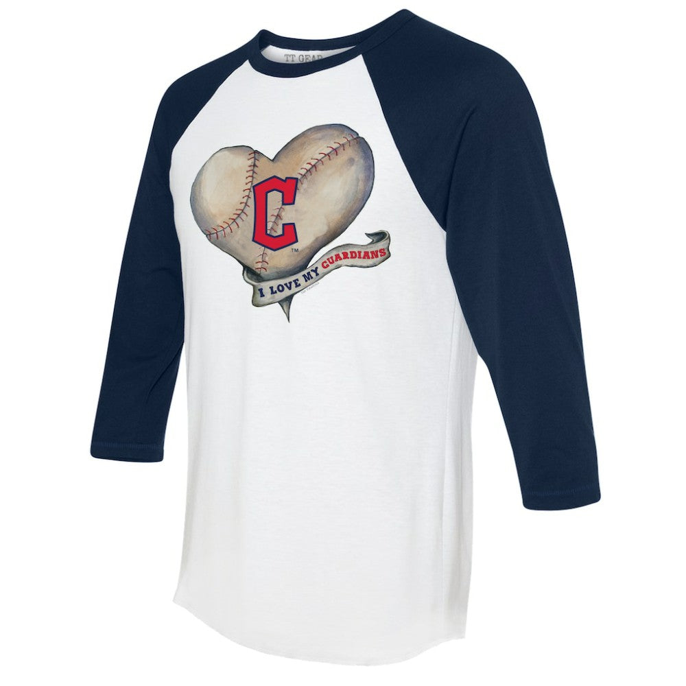 Cleveland Guardians Tiny Turnip Women's Heart Banner 3/4-Sleeve Raglan T-Shirt White/Navy