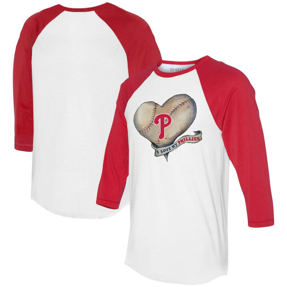 Philadelphia Phillies Tiny Turnip Women's Heart Banner 3/4-Sleeve Raglan T-Shirt White/Red