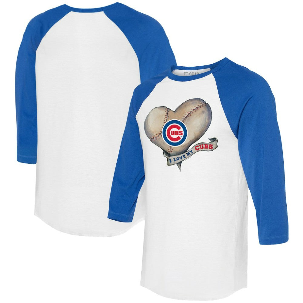 Chicago Cubs Tiny Turnip Women's Heart Banner 3/4-Sleeve Raglan T-Shirt White/Royal