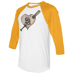 San Diego Padres Tiny Turnip Women's Heart Bat 3/4-Sleeve Raglan T-Shirt White/Gold