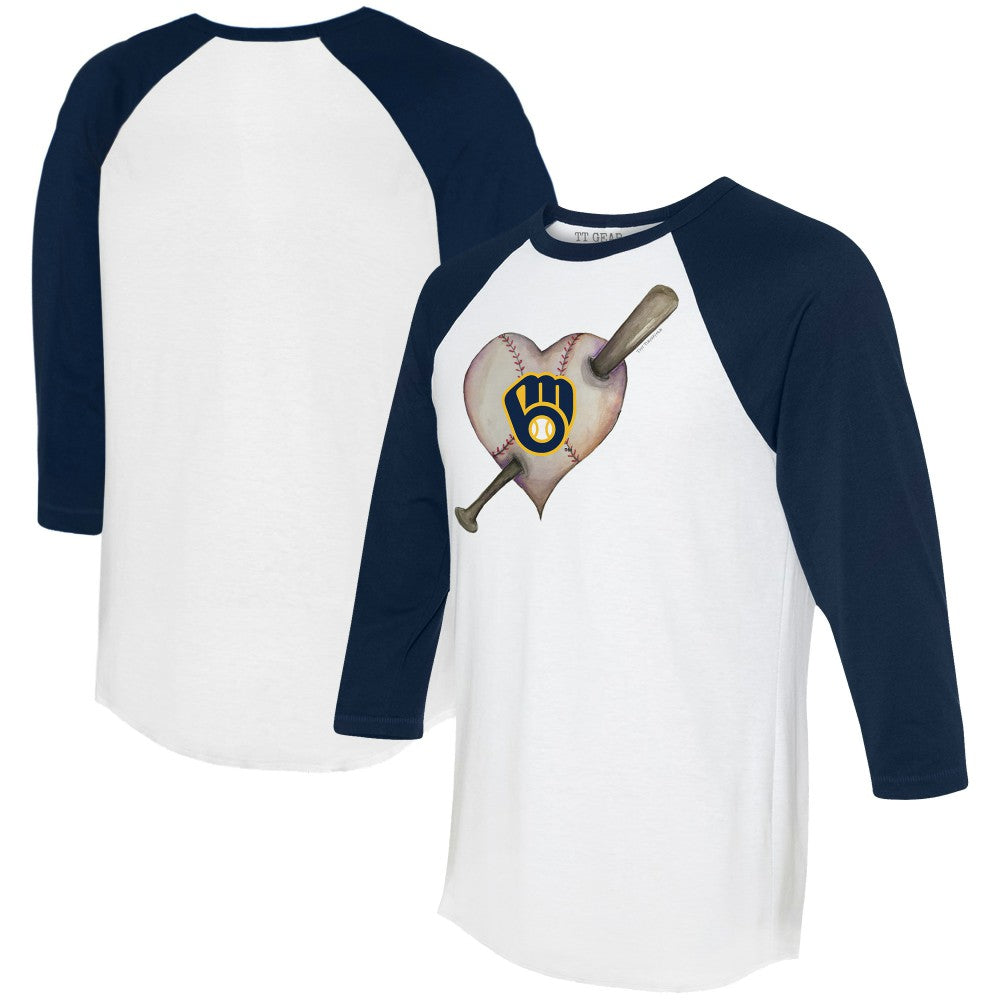 Milwaukee Brewers Tiny Turnip Women's Heart Bat 3/4-Sleeve Raglan T-Shirt White/Navy