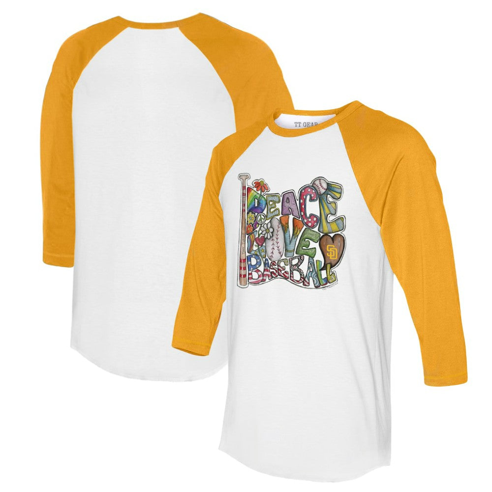 San Diego Padres Tiny Turnip Women's Peace Love Baseball 3/4-Sleeve Raglan T-Shirt White/Gold