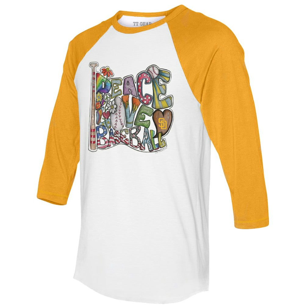 San Diego Padres Tiny Turnip Women's Peace Love Baseball 3/4-Sleeve Raglan T-Shirt White/Gold