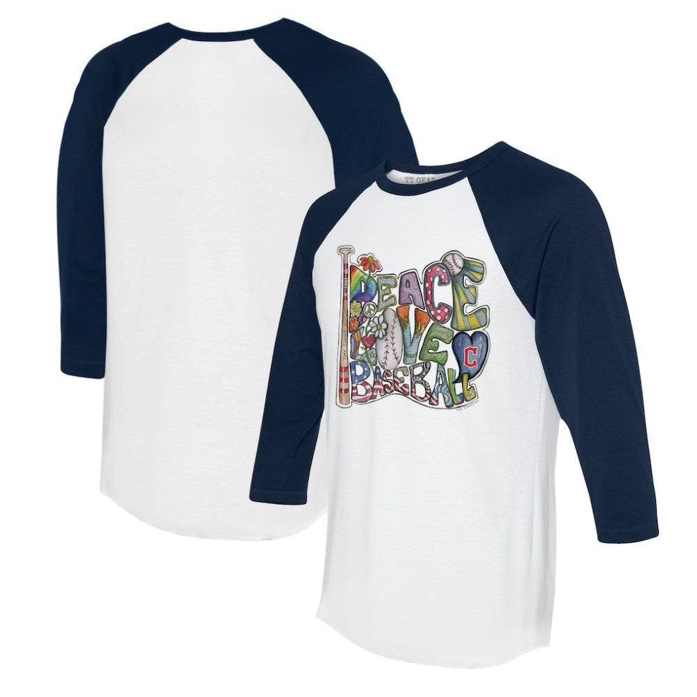Cleveland Guardians Tiny Turnip Women's Peace Love Baseball 3/4-Sleeve Raglan T-Shirt White/Navy