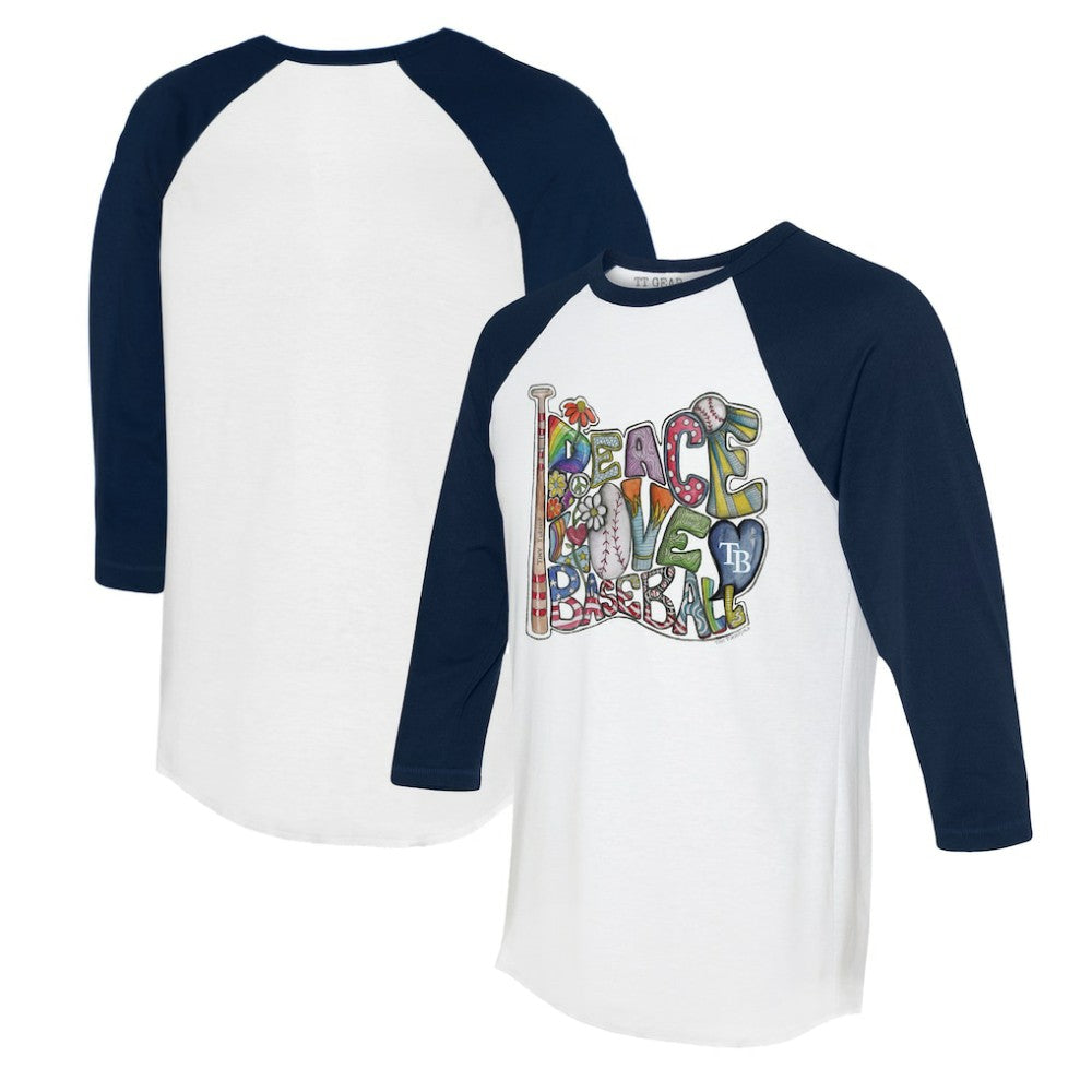 Tampa Bay Rays Tiny Turnip Women's Peace Love Baseball 3/4-Sleeve Raglan T-Shirt White/Navy