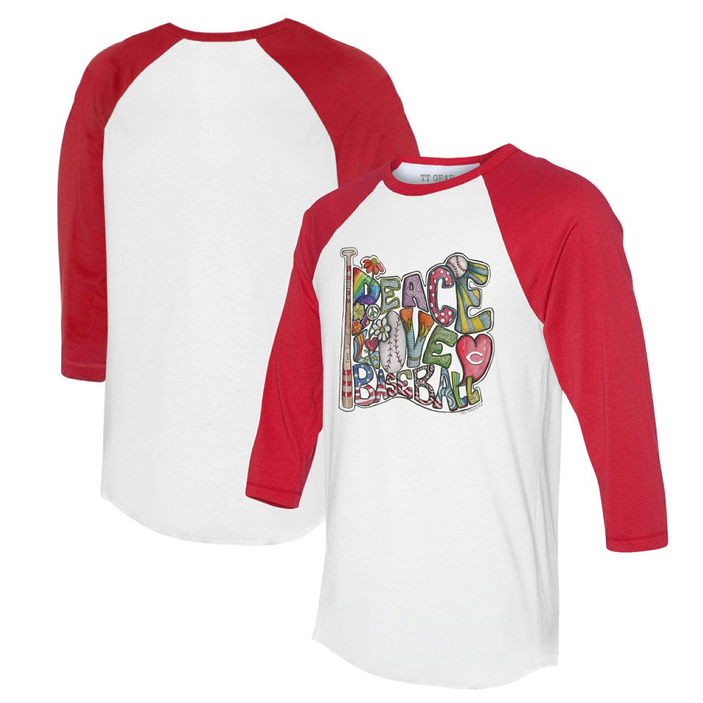 Cincinnati Reds Tiny Turnip Women's Peace Love Baseball 3/4-Sleeve Raglan T-Shirt White/Red