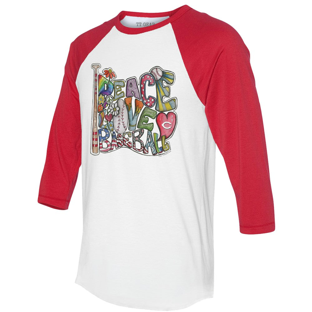 Cincinnati Reds Tiny Turnip Women's Peace Love Baseball 3/4-Sleeve Raglan T-Shirt White/Red
