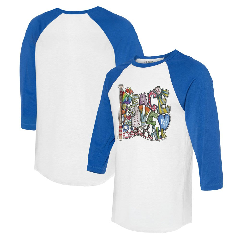 Kansas City Royals Tiny Turnip Women's Peace Love Baseball 3/4-Sleeve Raglan T-Shirt White/Royal