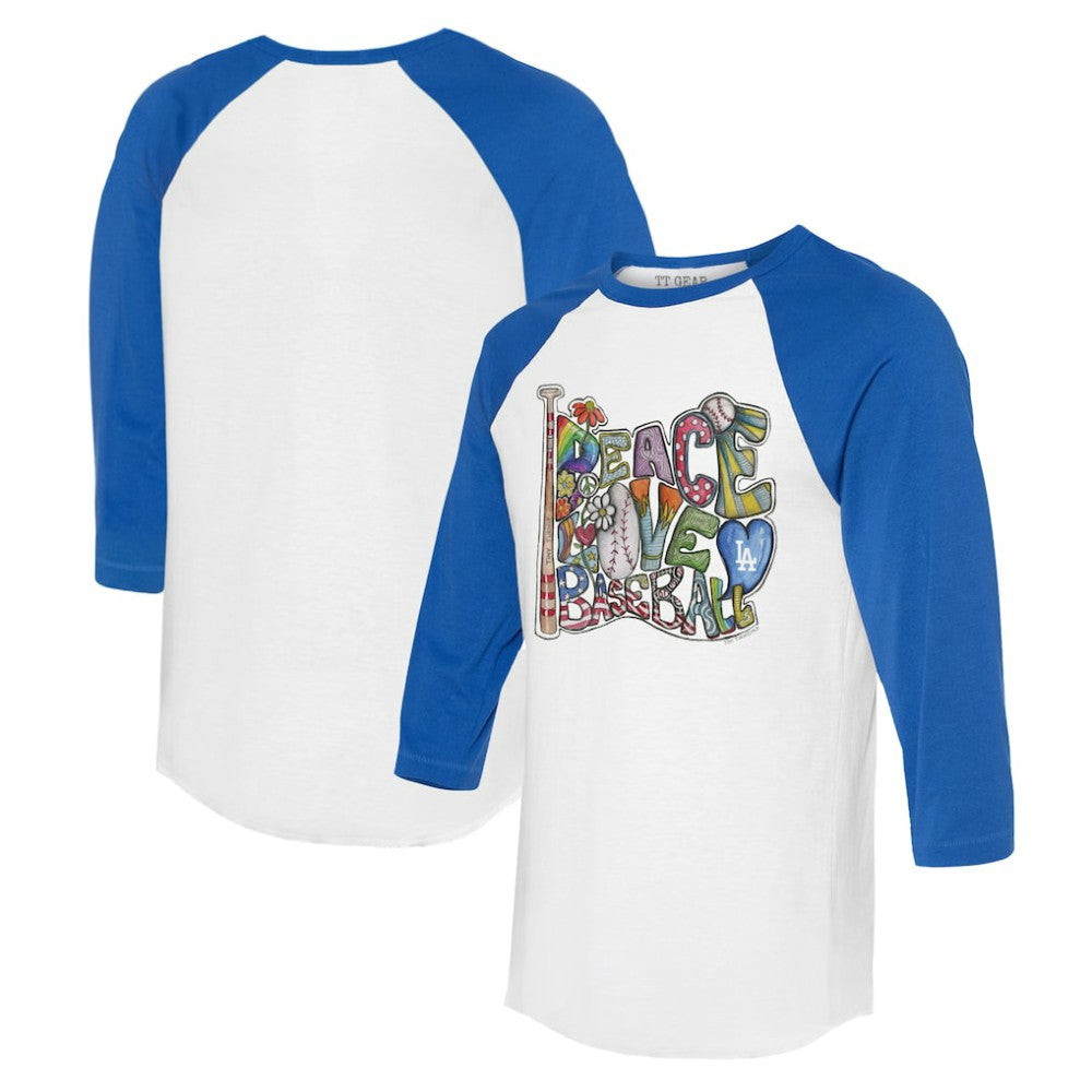 Los Angeles Dodgers Tiny Turnip Women's Peace Love Baseball 3/4-Sleeve Raglan T-Shirt White/Royal