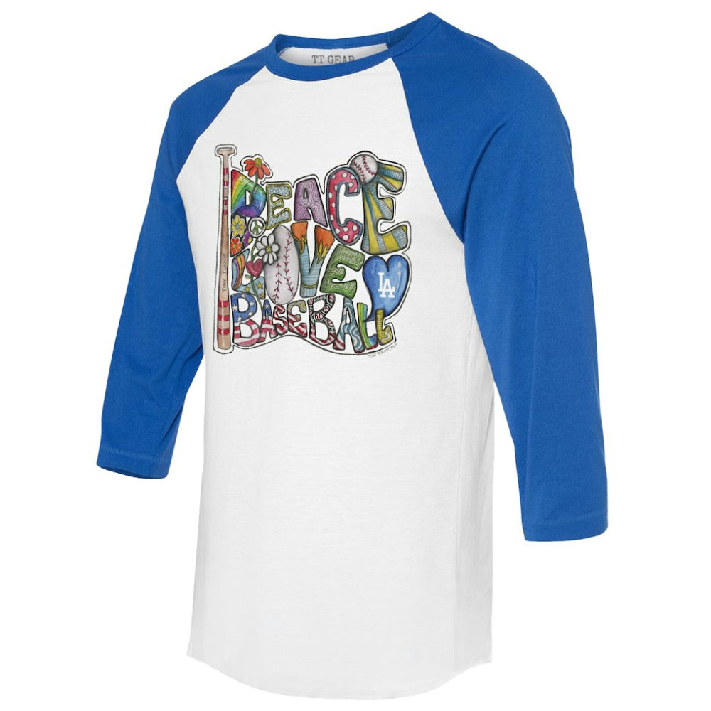 Los Angeles Dodgers Tiny Turnip Women's Peace Love Baseball 3/4-Sleeve Raglan T-Shirt White/Royal