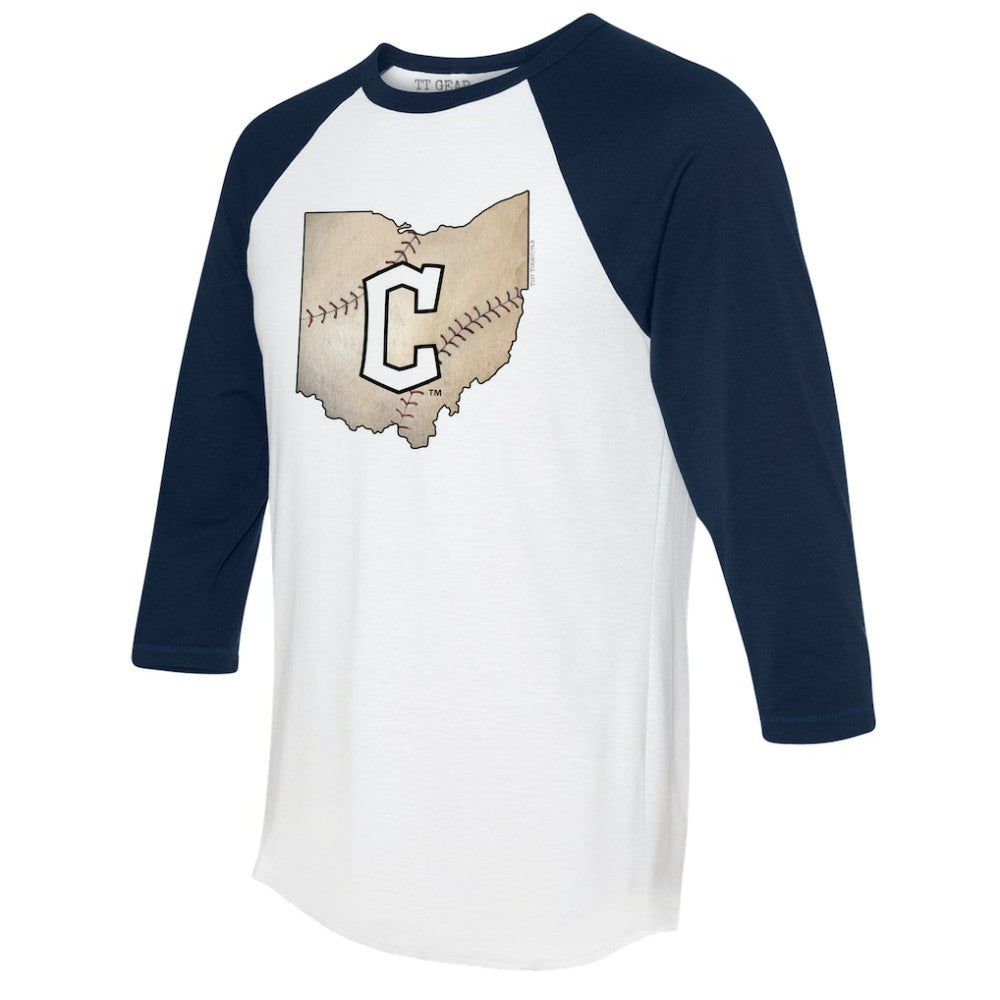 Cleveland Guardians Tiny Turnip Unisex State Outline 3/4-Sleeve Raglan T-Shirt White/Navy