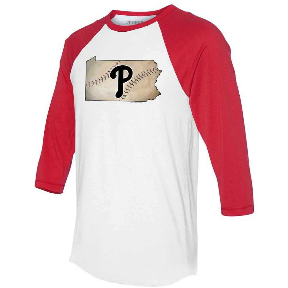 Philadelphia Phillies Tiny Turnip Unisex State Outline 3/4-Sleeve Raglan T-Shirt White/Red