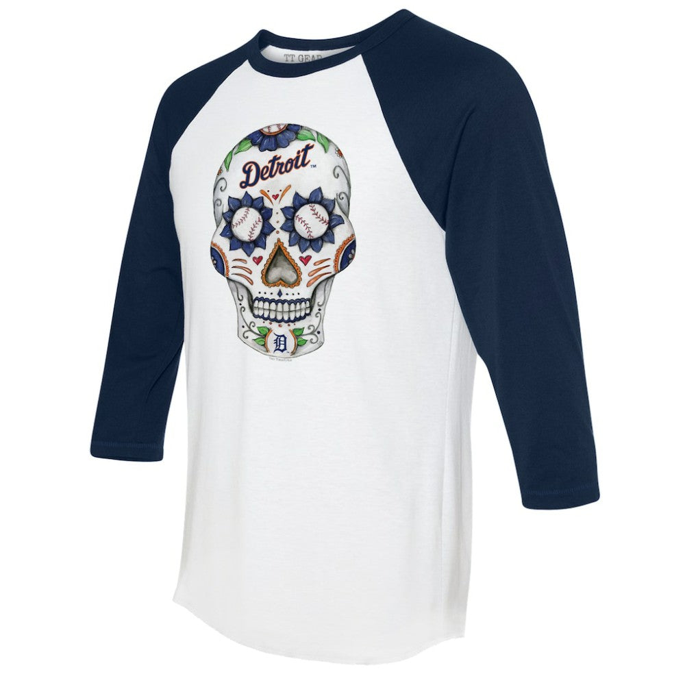 Detroit Tigers Tiny Turnip Unisex Sugar Skull 3/4-Sleeve Raglan T-Shirt White/Navy