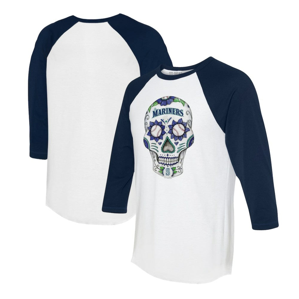 Seattle Mariners Tiny Turnip Unisex Sugar Skull 3/4-Sleeve Raglan T-Shirt White/Navy