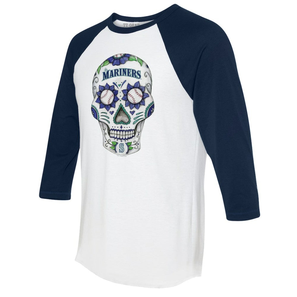 Seattle Mariners Tiny Turnip Unisex Sugar Skull 3/4-Sleeve Raglan T-Shirt White/Navy