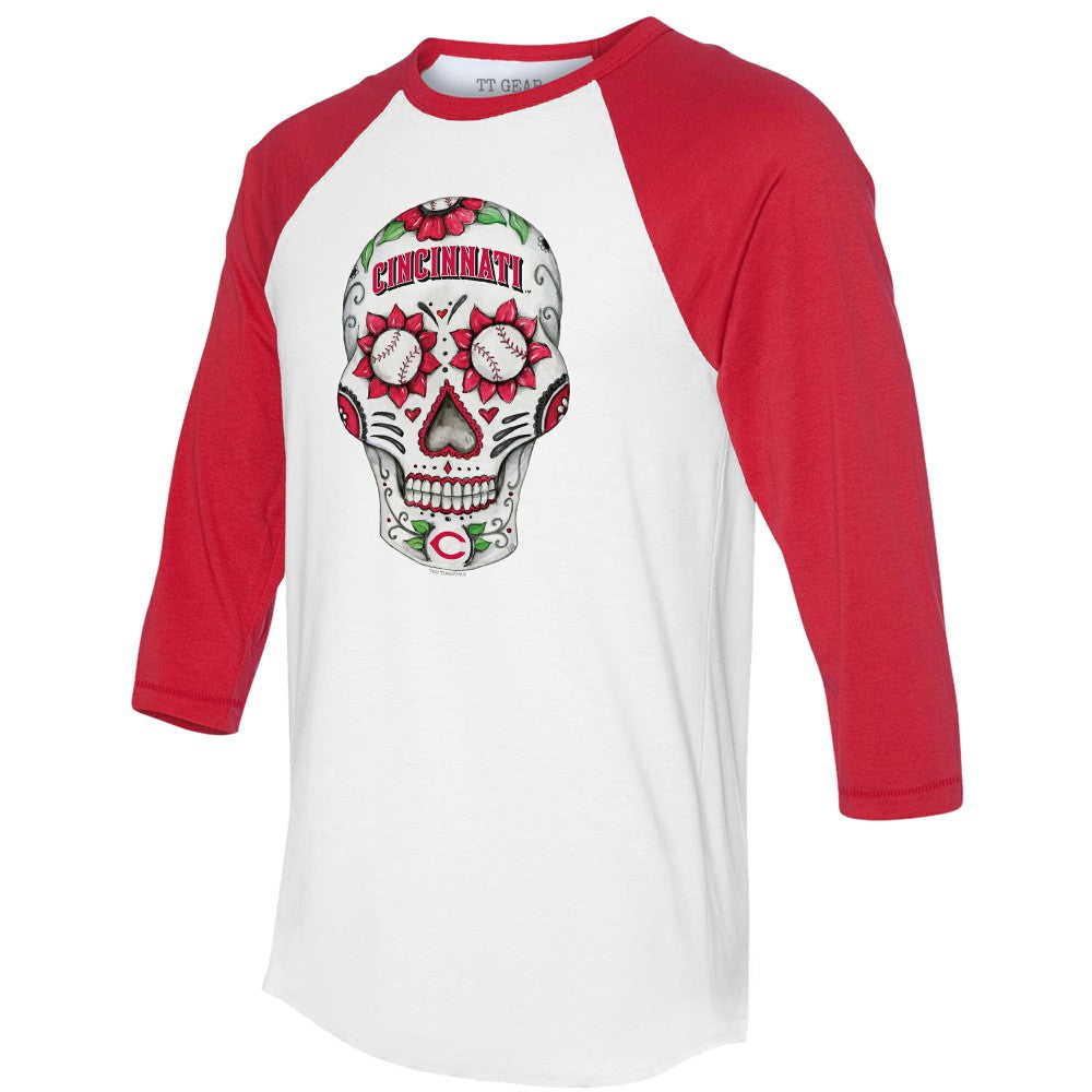 Cincinnati Reds Tiny Turnip Unisex Sugar Skull 3/4-Sleeve Raglan T-Shirt White/Red