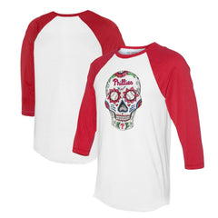 Philadelphia Phillies Tiny Turnip Unisex Sugar Skull 3/4-Sleeve Raglan T-Shirt White/Red