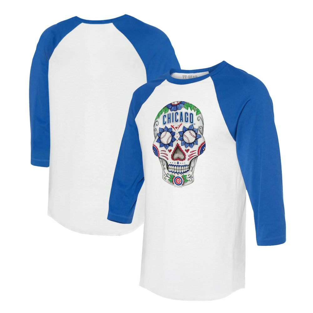 Chicago Cubs Tiny Turnip Unisex Sugar Skull 3/4-Sleeve Raglan T-Shirt White/Royal