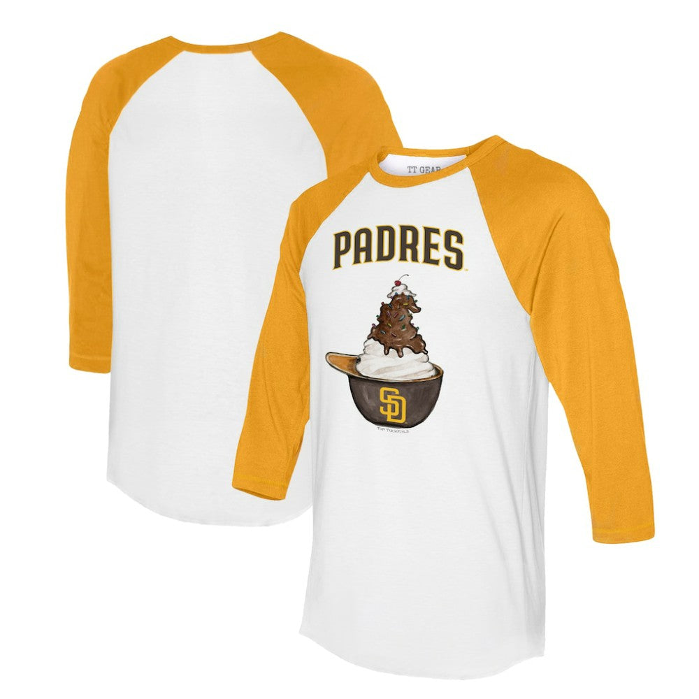 San Diego Padres Tiny Turnip Unisex Sundae Helmet 3/4-Sleeve Raglan T-Shirt White/Gold