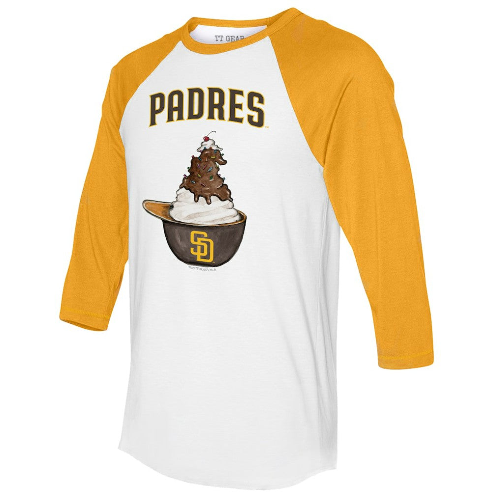 San Diego Padres Tiny Turnip Unisex Sundae Helmet 3/4-Sleeve Raglan T-Shirt White/Gold
