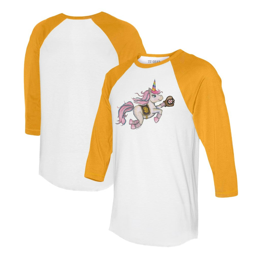 San Diego Padres Tiny Turnip Unisex Unicorn 3/4-Sleeve Raglan T-Shirt White/Gold