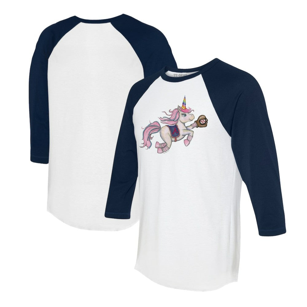 Atlanta Braves Tiny Turnip Unisex Unicorn 3/4-Sleeve Raglan T-Shirt White/Navy