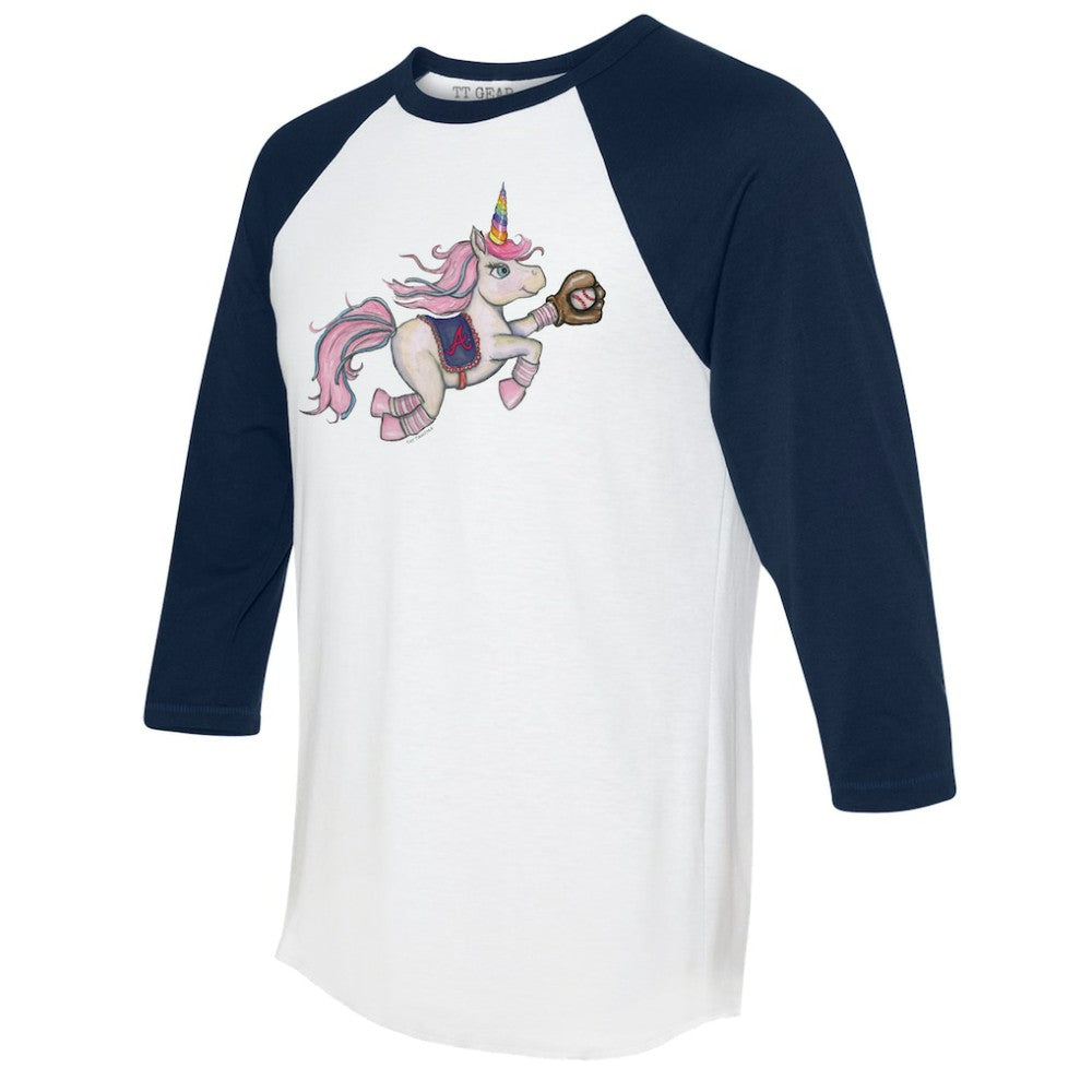Atlanta Braves Tiny Turnip Unisex Unicorn 3/4-Sleeve Raglan T-Shirt White/Navy