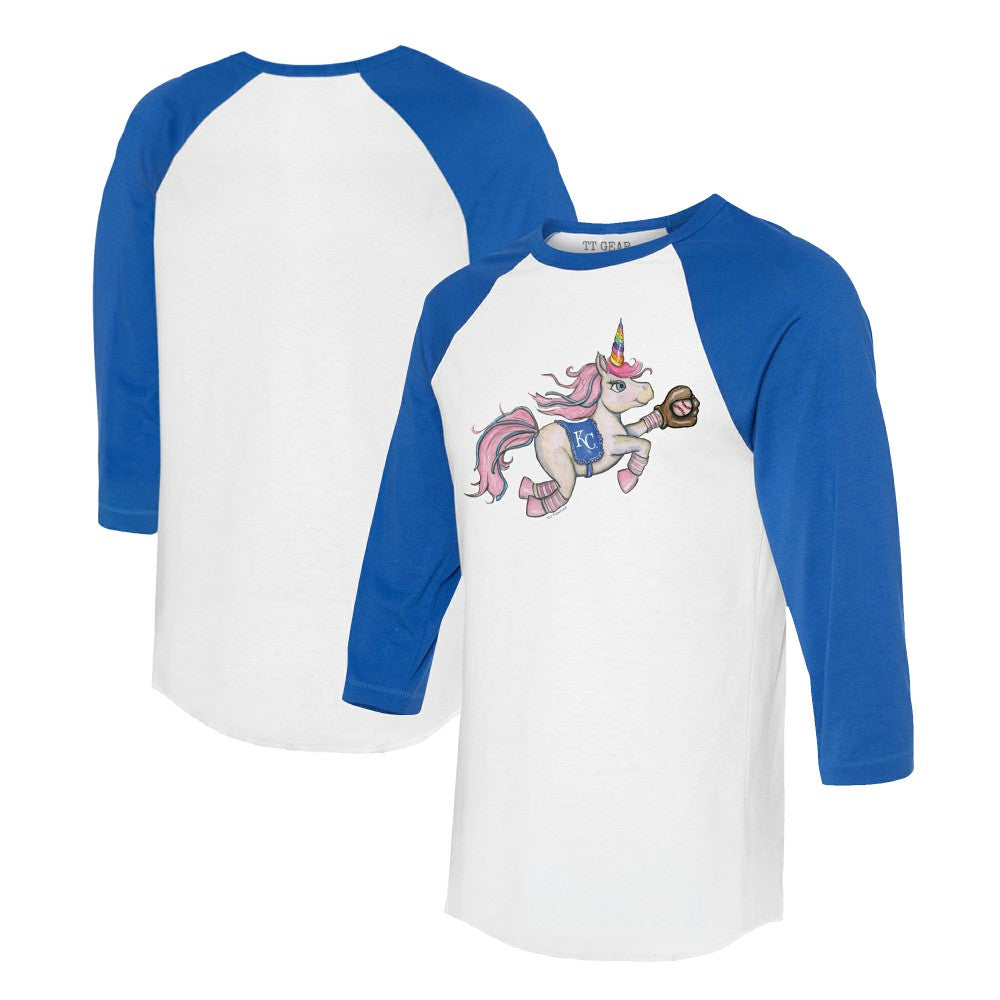 Kansas City Royals Tiny Turnip Unisex Unicorn 3/4-Sleeve Raglan T-Shirt White/Royal