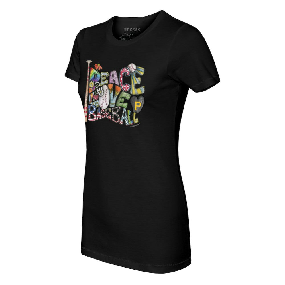 Pittsburgh Pirates Tiny Turnip Women's Peace Love Baseball Fitted T-Shirt Black