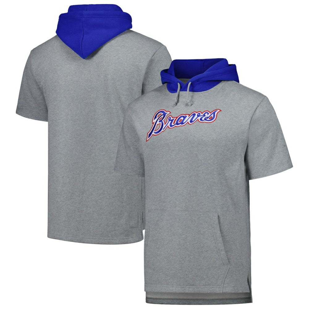 Atlanta Braves Postgame Short Sleeve Pullover Hoodie Heather Gray | Mitchell & Ness