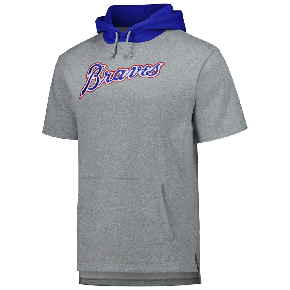 Atlanta Braves Postgame Short Sleeve Pullover Hoodie Heather Gray | Mitchell & Ness