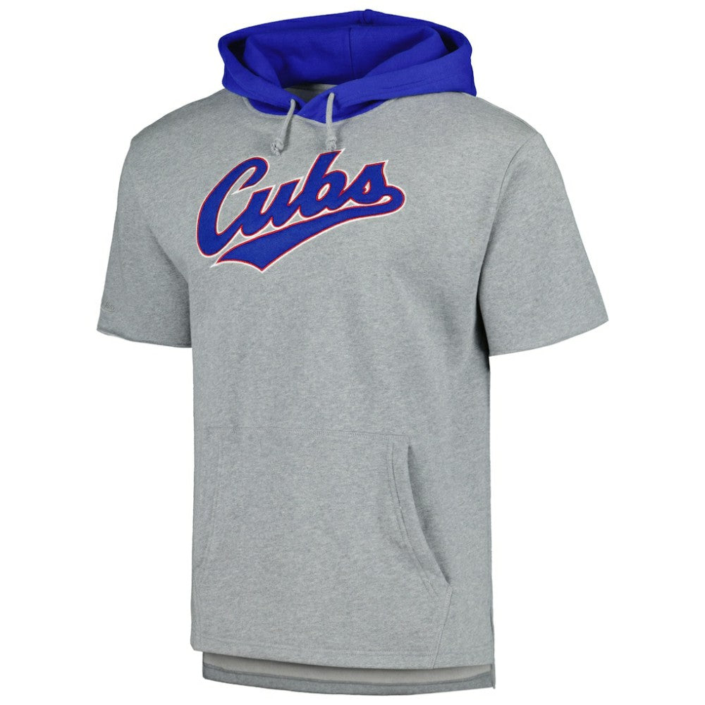 Chicago Cubs Postgame Short Sleeve Pullover Hoodie Heather Gray | Mitchell & Ness
