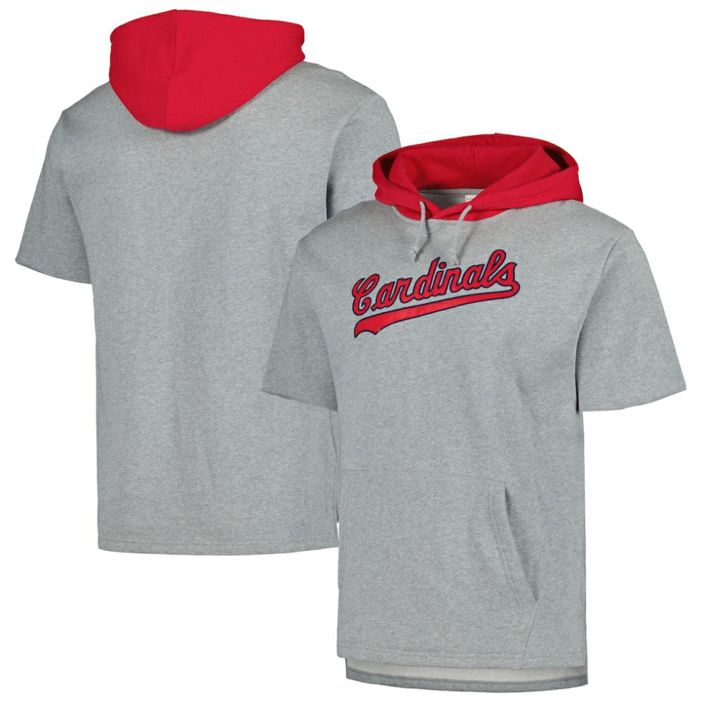 St. Louis Cardinals Postgame Short Sleeve Pullover Hoodie Heather Gray | Mitchell & Ness