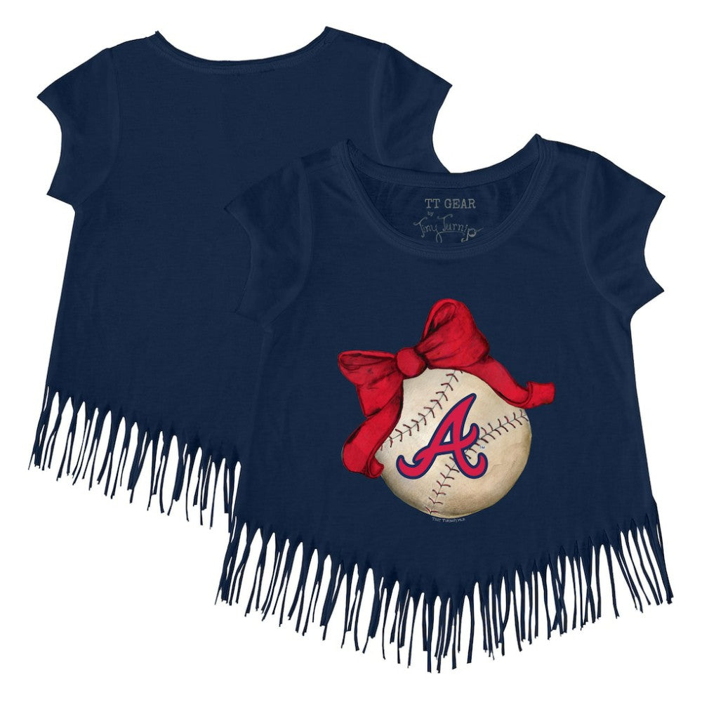Atlanta Braves Tiny Turnip Girls Youth Baseball Bow Fringe T-Shirt Navy