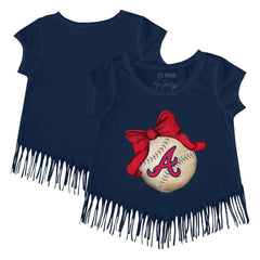 Atlanta Braves Tiny Turnip Girls Youth Baseball Bow Fringe T-Shirt Navy