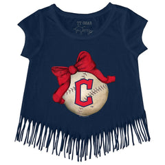 Cleveland Guardians Tiny Turnip Girls Youth Baseball Bow Fringe T-Shirt Navy