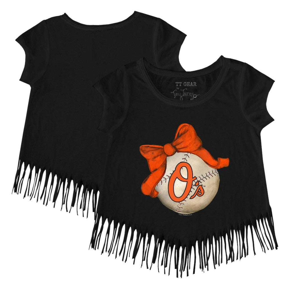 Baltimore Orioles Tiny Turnip Girls Youth Baseball Bow Fringe T-Shirt Black
